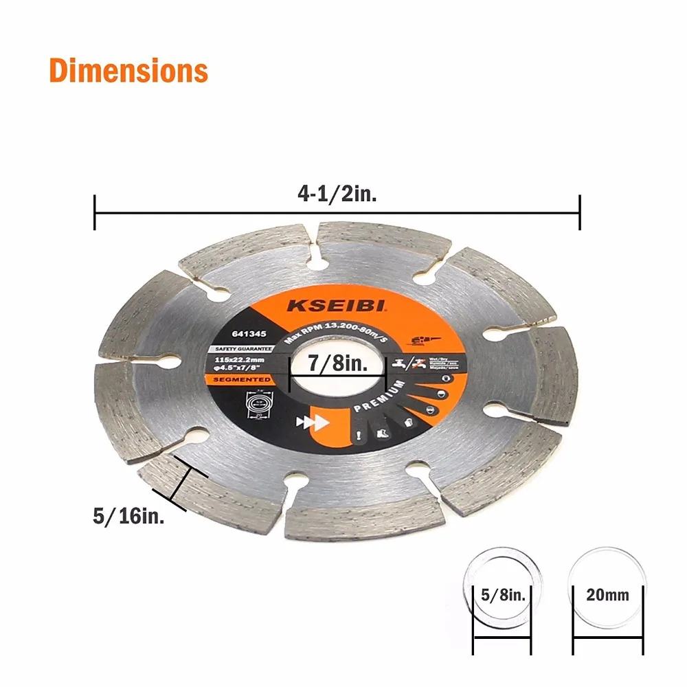 KSEIBI 641145 Премиум 4 1/2 дюйма сухой влажной резки Сегментированный алмазный пильный диск с 7/8 дюймов Арбор для бетона камня кирпича Masonr