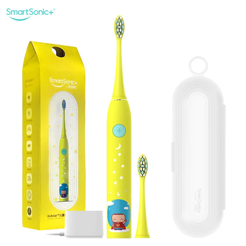 

SmartSonic+ Children Electric Toothbrush,Travel Box,Wireless Charge, Yellow, Built-in Auto Timer, IPX7,Led light remind