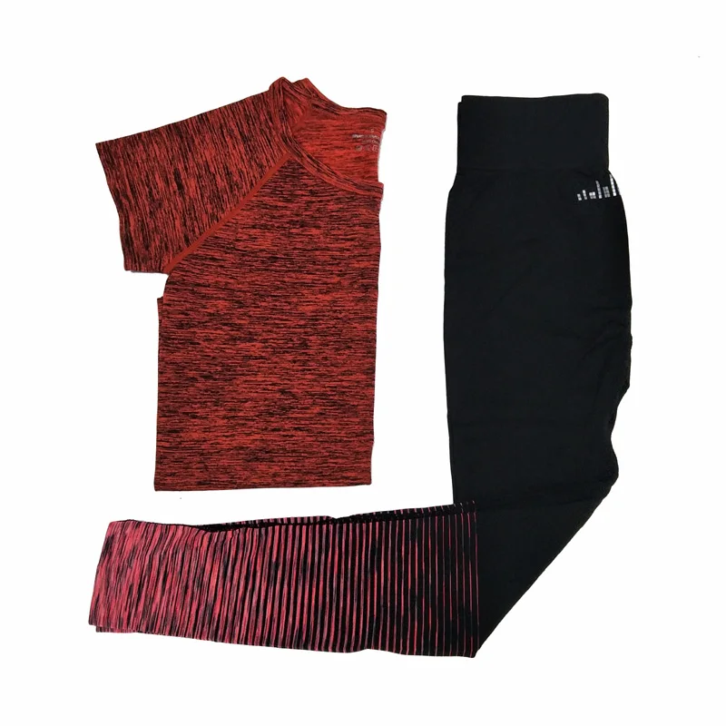 VEAMORS, комплект из 2 предметов для фитнеса, йоги, Быстросохнущий женский спортивный костюм для бега, Спортивная футболка, штаны для йоги, спортивный костюм для тренировок, комплект одежды - Цвет: Orange Red
