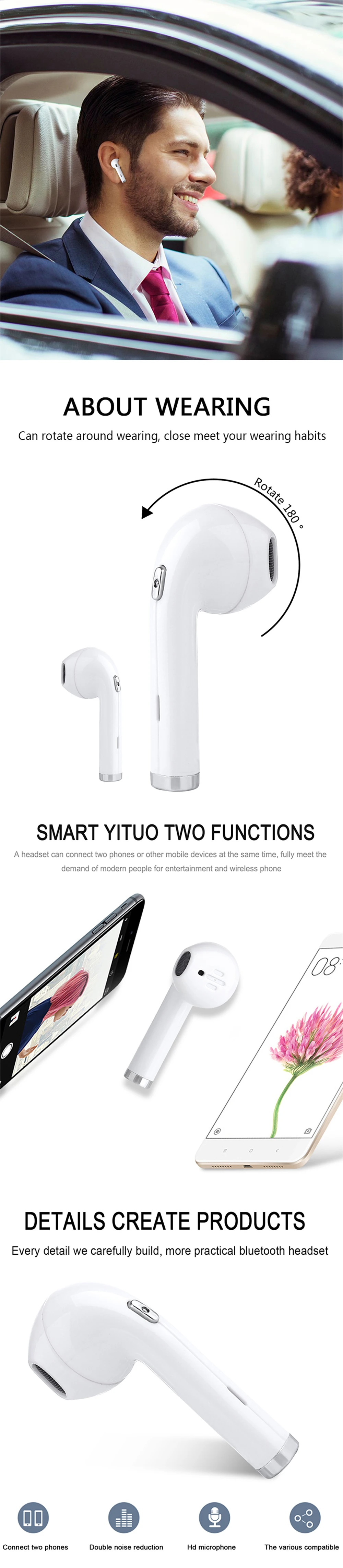 Оригинальные наушники с поворотом на 180 градусов, беспроводные наушники с Bluetooth 4,1, гарнитура с микрофоном, наушники для IPhone, Xiaomi, Sumsung, huawei