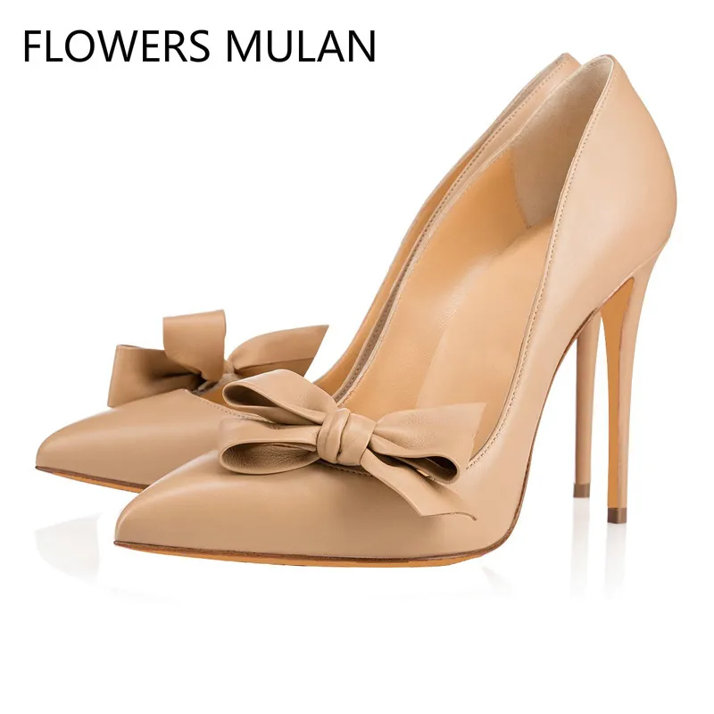 

2018 Spring Bowtie Decor Stiletto High Heel Party Pumps Single Pointed toe Woman Black/nude Leather Slip on Butterfly Knot Shoes