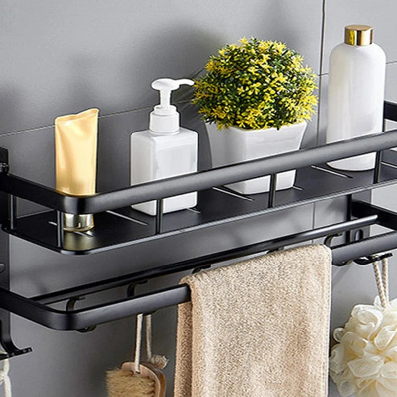 

Bathroom Black Shelf Aluminum Shower Caddy Corner Shelf Towel Rack With Bar Hook Hair Dryer Holder