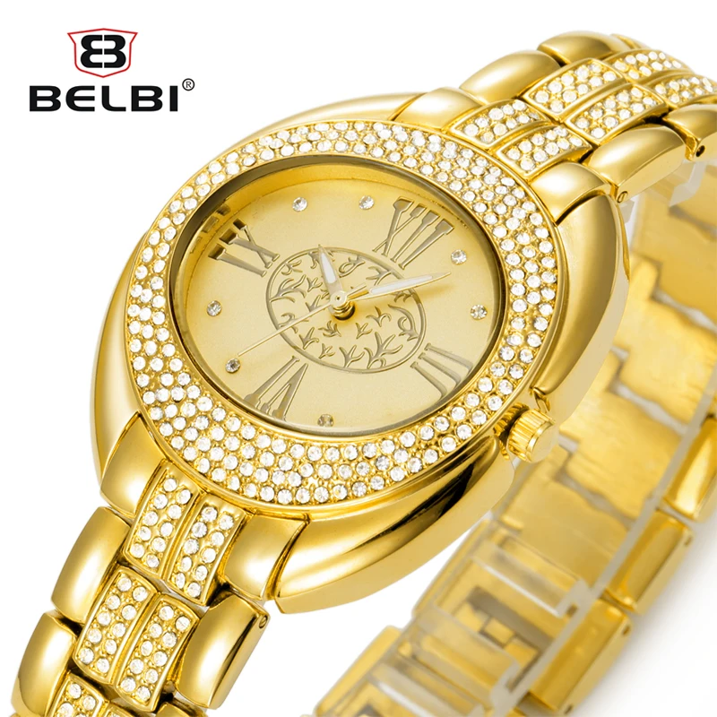 

Belbi Women Watch Ladies Oval Alloy Steel Quartz Watches Dress Quartz-Watch Rhinestone Roman Art Gold Luxury Wristwatch Relojes