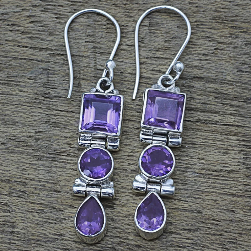 1Pair Woman Girl Party Wedding Gift Geometric Purple Crystal Dangle Hook Drop Dangle Earrings Jewelry