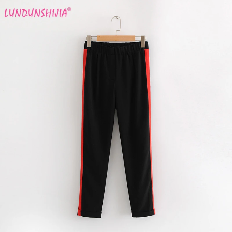 

LUNDUNSHIJIA 2018 Women Sweatpants Casual Comfortable Cotton Pants Joggers Tracksuit Ladies Red Striped Patchwork Black Trousers