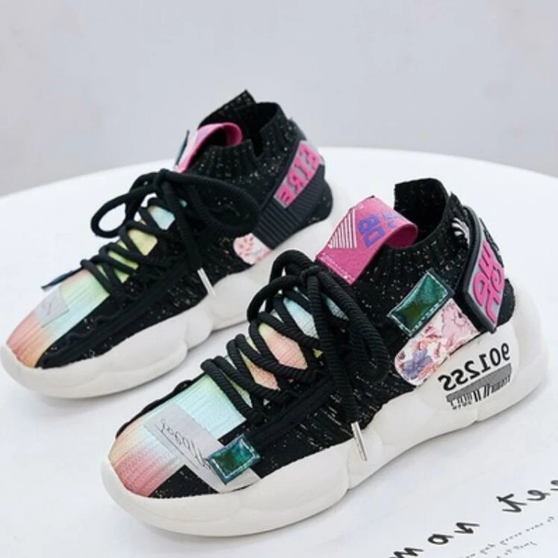 

Spring Summer New Sneakers Women Shoes 2019 Spring Flying and Weaving Breathable Reflective Thick Bottom Leisure Shoes Woman W5