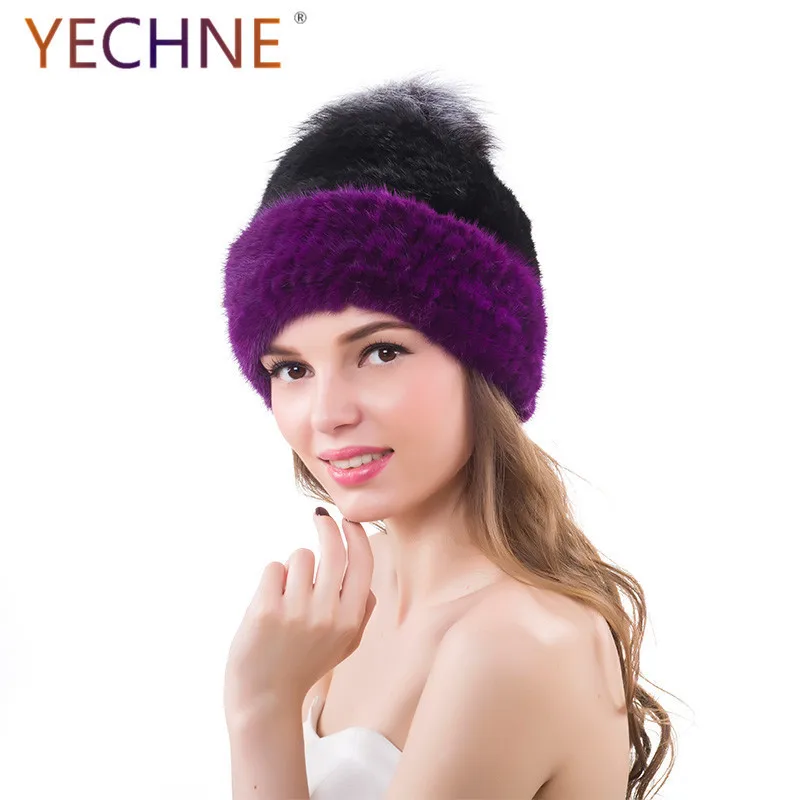 

Women's Winter Knitted Hats Women Real Mink Fur Hats With Silver Fox Fur Pom Poms Two-color Mink Fur Beanies Hat