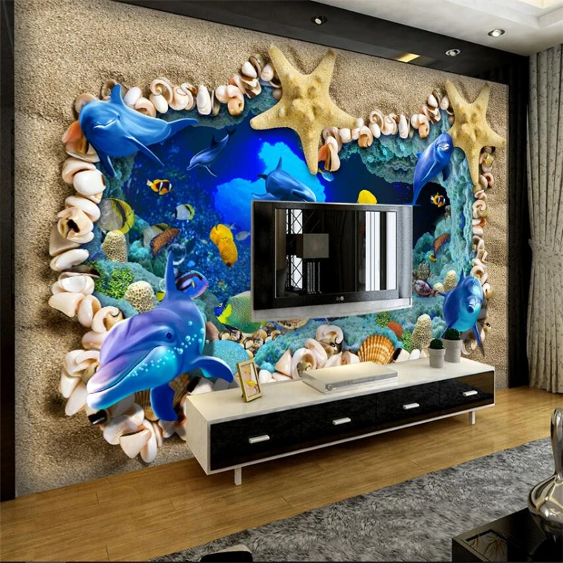 

3D обои на заказ с ракушками на пляже, морскими звездами, ТВ-фоном, большие Настенные обои
