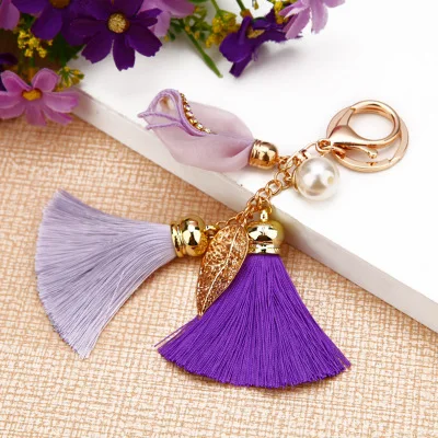 Необычные и фантазийные Цветочные брелки для ключей, шифоновые брелки с кисточками для автомобиля, Дамская пара сумок, украшения, креативный модный шарм-цветок, брелок для ключей