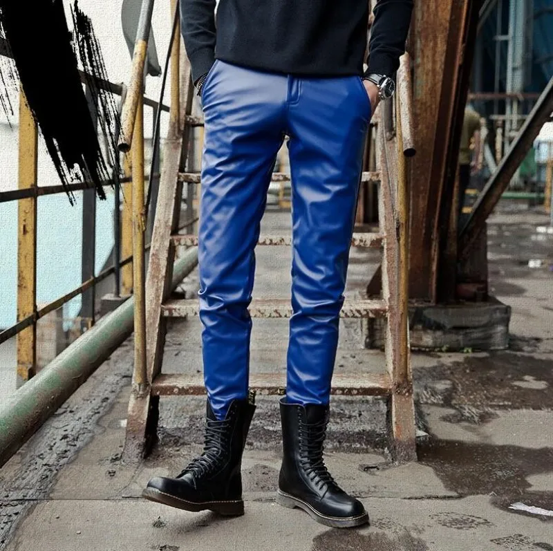 Весна Лето Новые мужские облегающие кожаные зауженные брюки корейские байкерские мягкие Стрейчевые Длинные мужские брюки из искусственной кожи - Цвет: 5