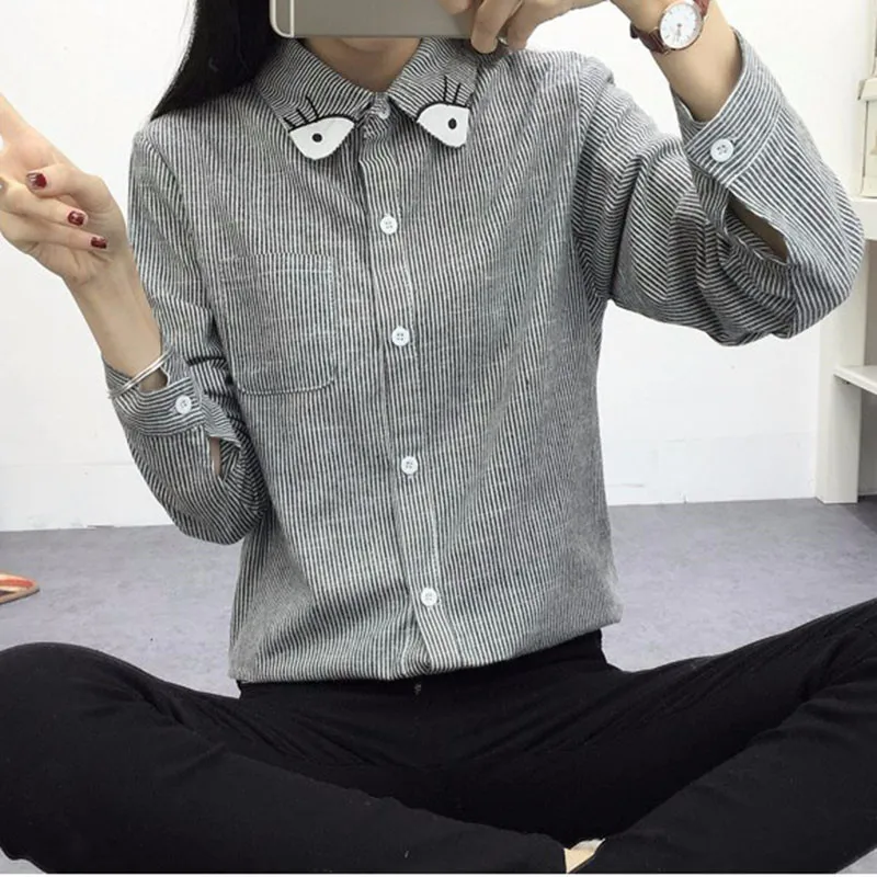 2016 New Spring and Autumn Womens Shirt Blouse Cat Embroidery Long Sleeve Women Shirts Casual Tops Size M-XL20