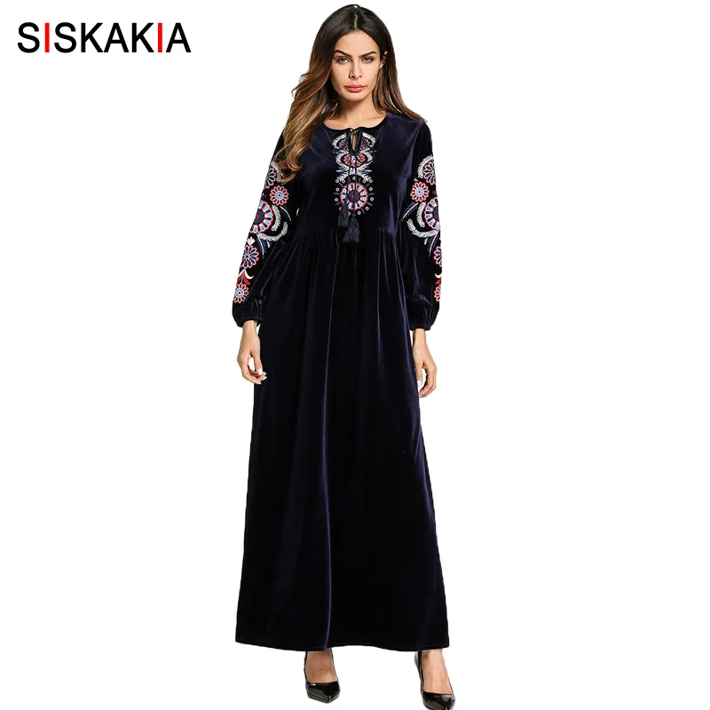 

Siskakia ladies Velvet long Dress Spring Autumn 2018 Vintage ethnic Geometric Embroidery maxi dresses tassel drawstring female