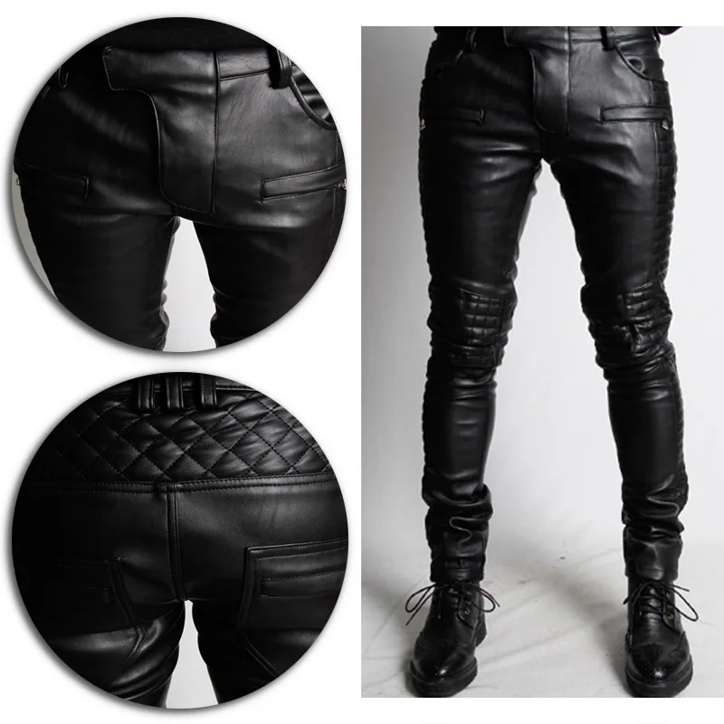 Mens Fashion Designer Black Faux Leather Quilting Biker Skinny Pants
