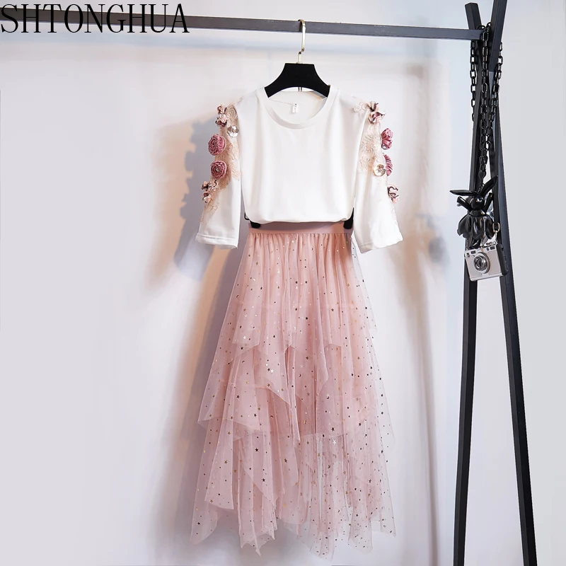 

SHTONGHUA New Women Embroidery Floral 3D White Appliques Tops Summer 2 Piece Set + Pink Sequined Irregular Ruffles Skirt Sets