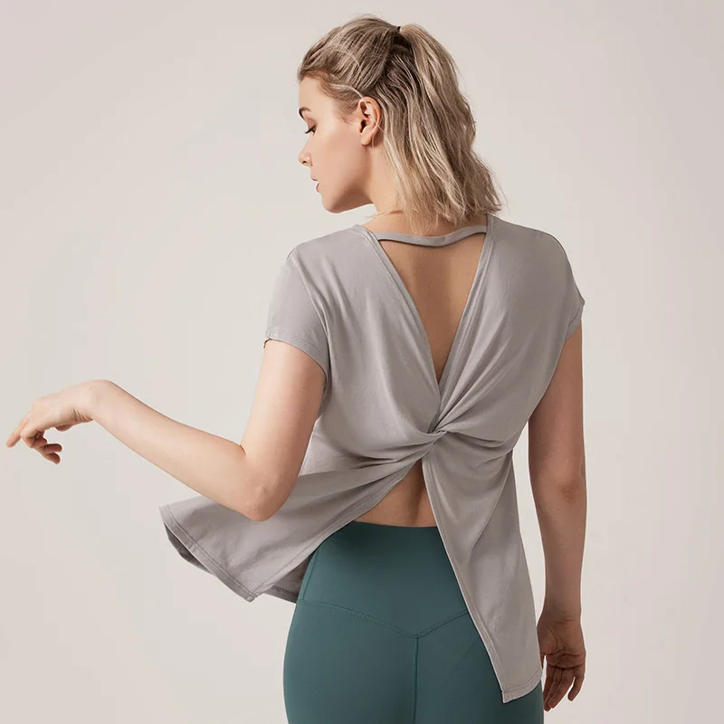 

Women's Sexy Backless Short Sleeve Yoga Crop Tank Tops Open Back Knot Running Gym T Shirt Strappy Athletic Tanks Sport Top