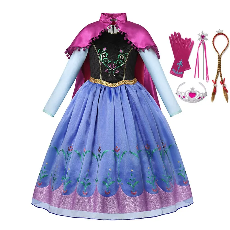 VOGUEON Deluxe Girls Anna Princess Costume Snow Queen Elsa Anna Dress Up Halloween Kids Cosplay Pageant Party Fancy Long Dress - Color: Anna Dress Set 02