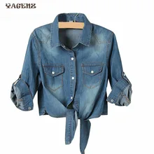 Весна Лето Женщины 3/4 рукав женщины короткая джинсовая рубашка галстук топ джинсы Тройники Женский Повседневный облегающий Топ рубашка из чистого хлопка большой размер