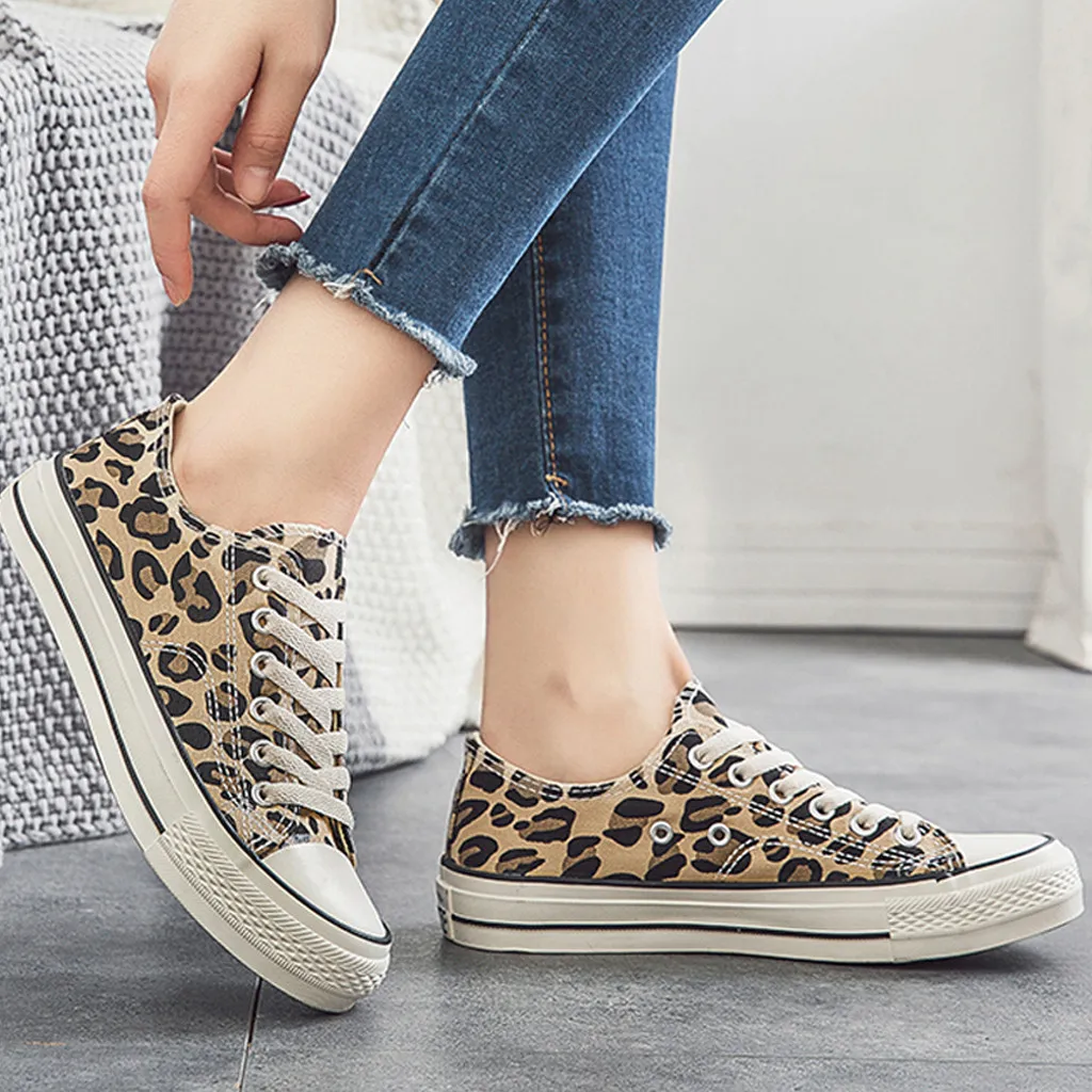 

YOUYEDIAN Summer Vulcanized Shoes Leopard Print Sneakers Women Canvas Shoes Fashion Lace-Up Low-Cut Breathable Zapatos De Mujer