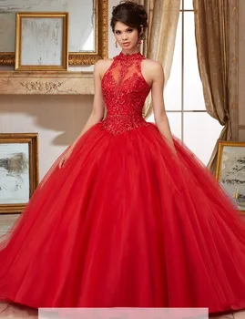 2017 New Collection Quinceanera 15 Years Vestidos De 15 Anos High Neck Red Pink Turquoise Quinceanera Gowns Party Dress Sexy