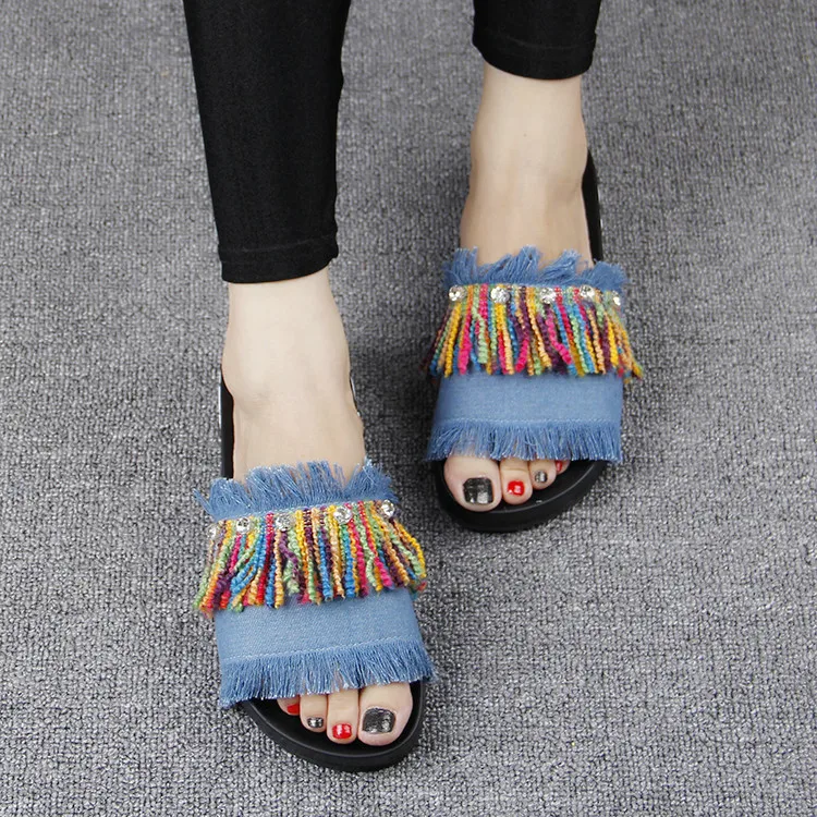 New Summer Colorful Fringed Leather Flat Heel Open Toe Slip Shoes Ladies Casual Slipper 2016 Woman Leisure Footwear Cheap45