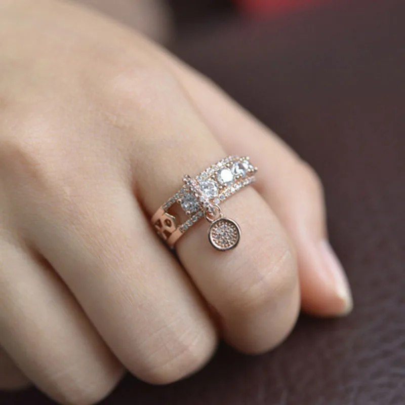 Новое модное элегантное темпераментное белое кольцо для свадьбы, помолвки, циркония, Круглый Кулон, висячие кольца из розового золота для женщин и девушек