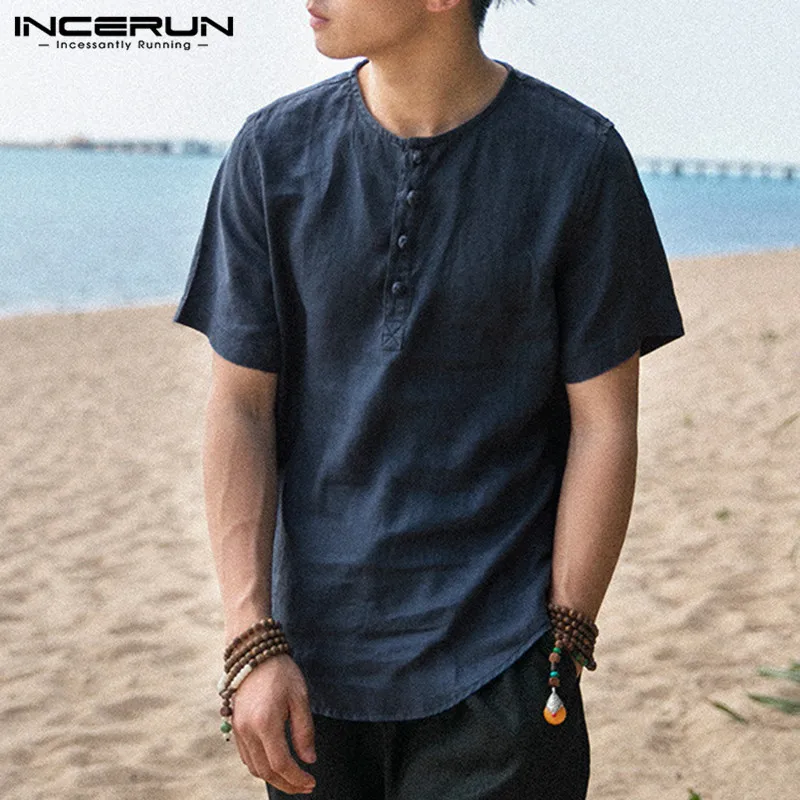 

INCERUN 5XL Men's Shirts White Summer Short Sleeve Button Loose Fit Casual Shirt Cotton Retro Hombre Camisa Fashion Men Tops