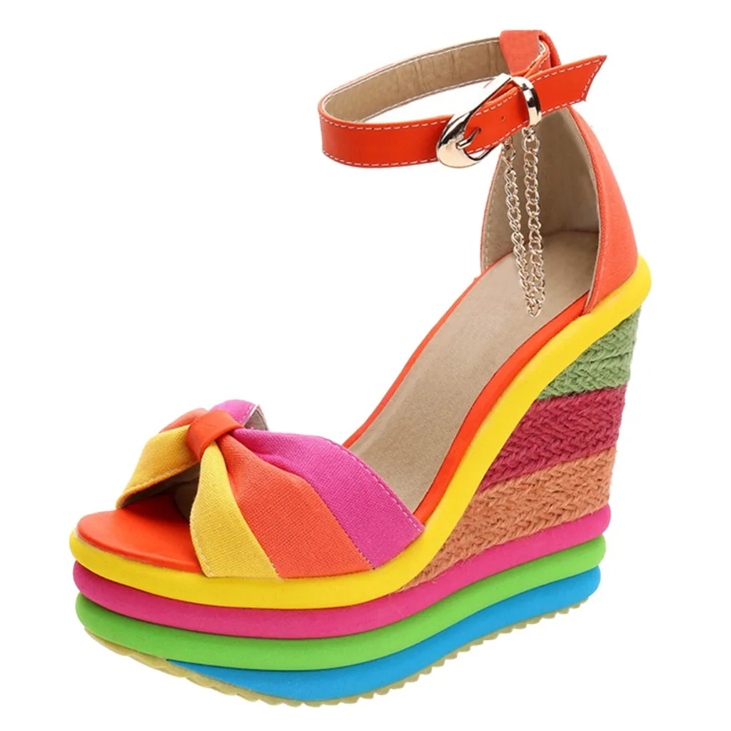 JAYCOSIN/модные женские туфли на танкетке; Разноцветные Лоскутные сандалии с открытым носком; обувь в римском стиле; повседневная обувь; женская обувь на плоской подошве; Уличная обувь - Цвет: OR