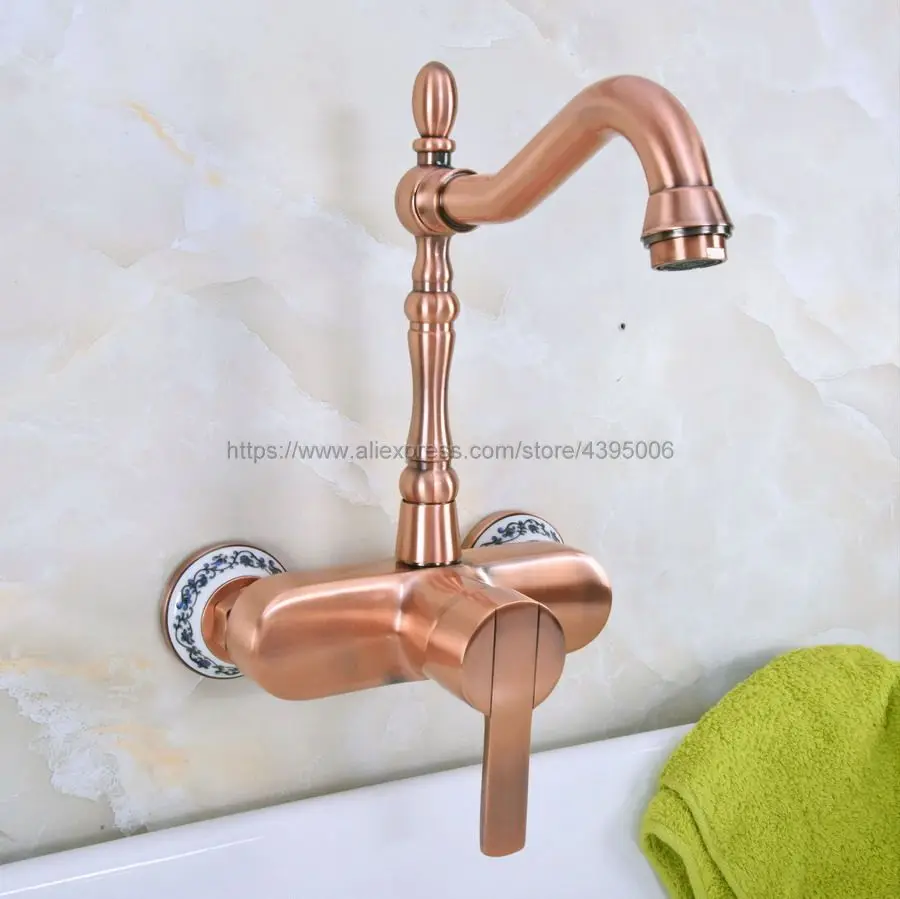 

Antique Red Copper Wall Mounted Gold Hot&Cold Bathroom Kitchen Basin Sink swivel Faucet Mixer Tap Bnf938