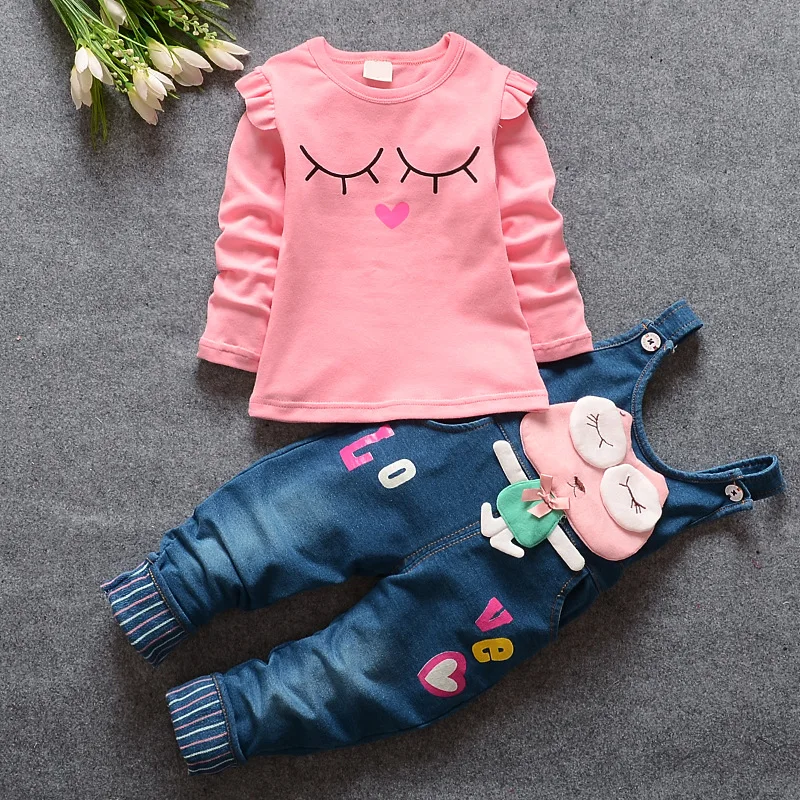 2016 new Baby Girls Letter T-Shirt Tops + Denim Jeans Rabbit Overalls Pants Two Pieces Suits Kids Clothing Sets roupas de bebe new 3pcs children clothes set fashion t shirt denim pants headband autumn clothing sets for girls jeans crianca roupas