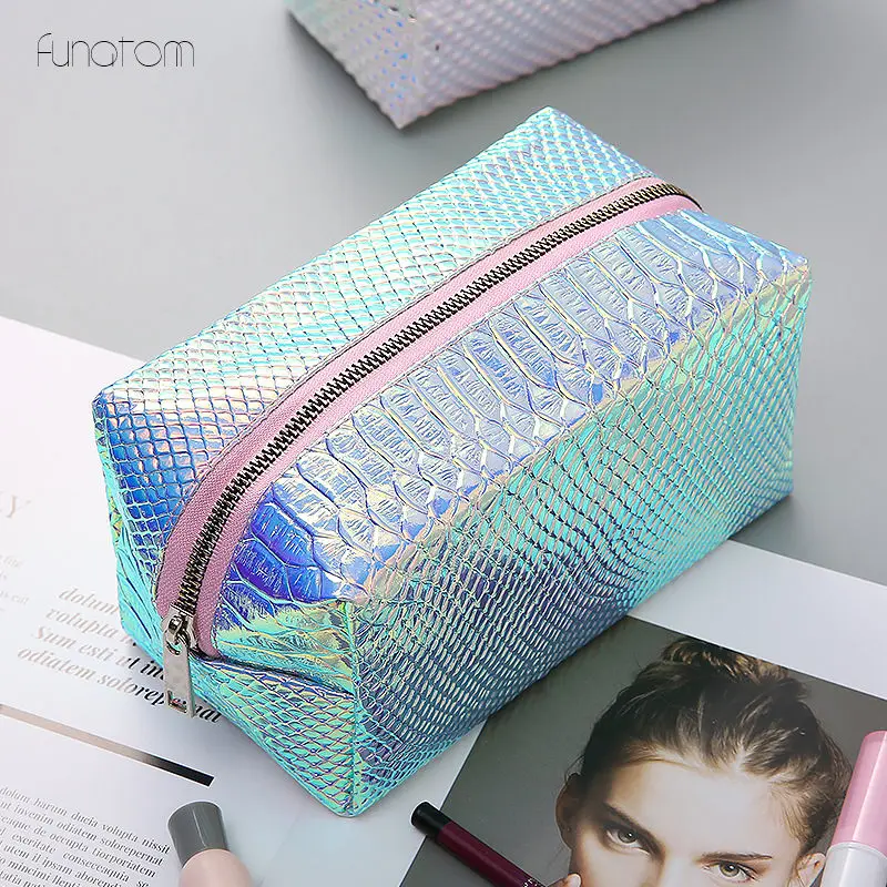  Women Fashion Cosmetic Bag Blue laser Makeup Bag Zipper Make Up Handbag Organizer Storage Case Pouc
