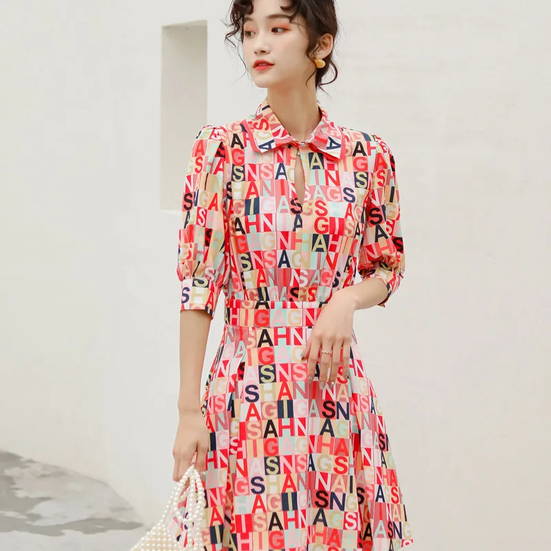 

Street Fashion Five-point Sleeve Lapel Letter Printing High Waist Slim A-line Simple Summer Ladies Temperament Dress Pareo Tunic