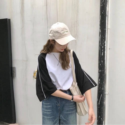 Xian 638 hei bai Корейская Повседневная футболка Harajuku летние женские футболки ulzzang фиолетовые белые лоскутные свободные футболки с коротким рукавом Уличная одежда - Цвет: Xian 638 hei bai