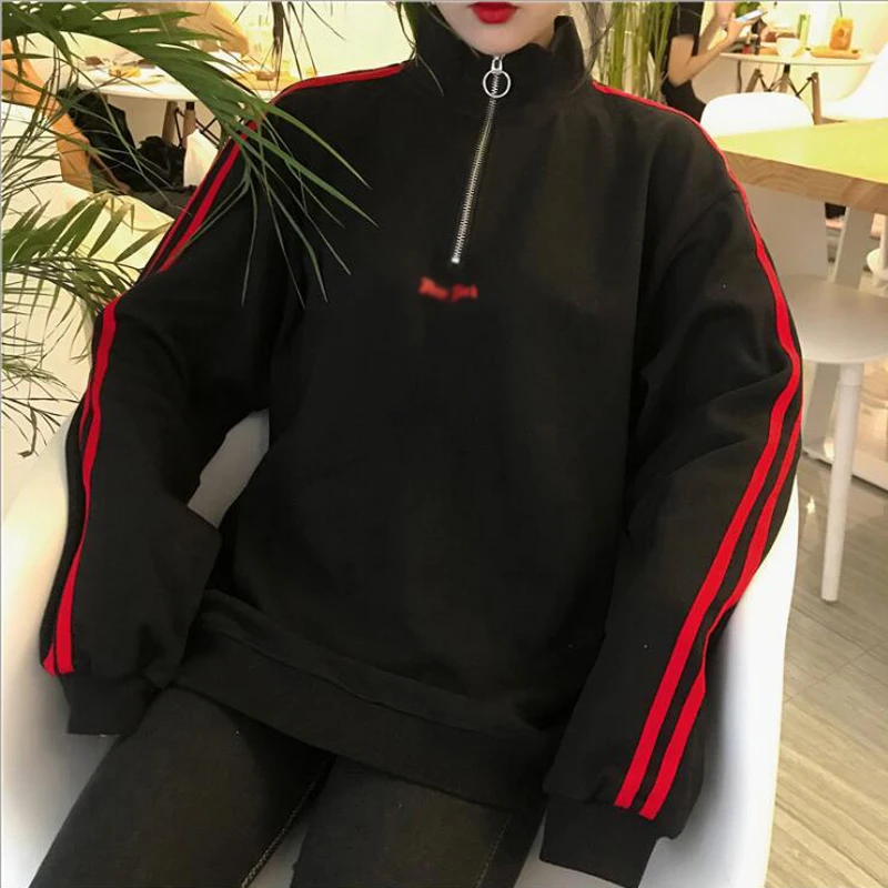 Осень корейский стиль Ulzzang Harajuku Толстовка женская уличная крутая половина на молнии Тонкий пуловер хип хоп Толстовка Свободная куртка