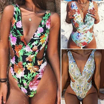 

Fashion Floral Print One Piece Swimsuit Women Retro Peacock Feather Print Swimwear High Waist Bodysuit Backless Cut Bathing Suit