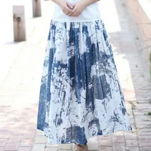 Летняя новинка, Национальный стиль, чернильная печать, оригинальная льняная юбка, миди макси юбки, женские длинные плиссированные юбки с эластичным поясом