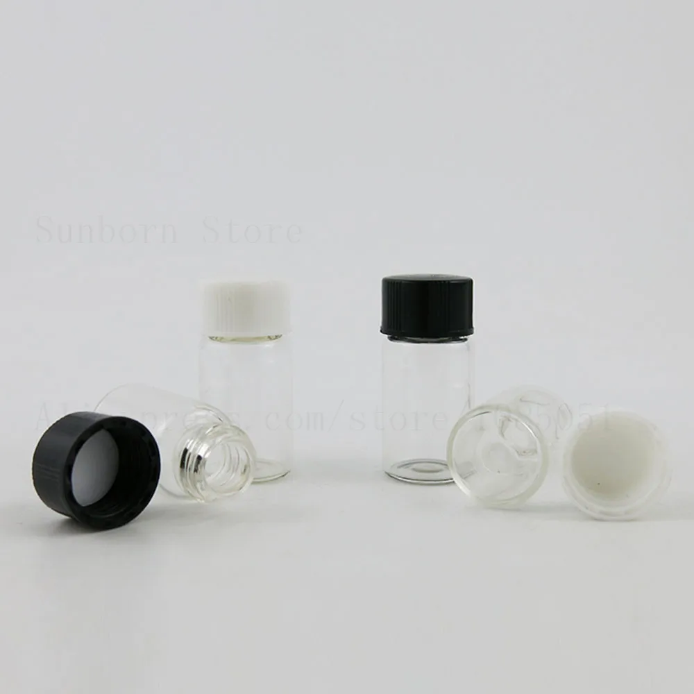 Ясно, пустой мини-3 мл Стекло бутылка с Пластик черный, белый цвет Кепки крышки 1/10 oz флаконы 3cc с винтовым горлом образец бутылки для мыльных