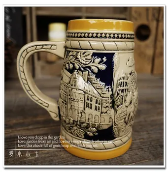 

2016 New Arrival Ceramic German Beer Mug Marion Square Hand Painted Mugs Embossed Pattern Mixed Color Coffee Cup 15*10*16cm