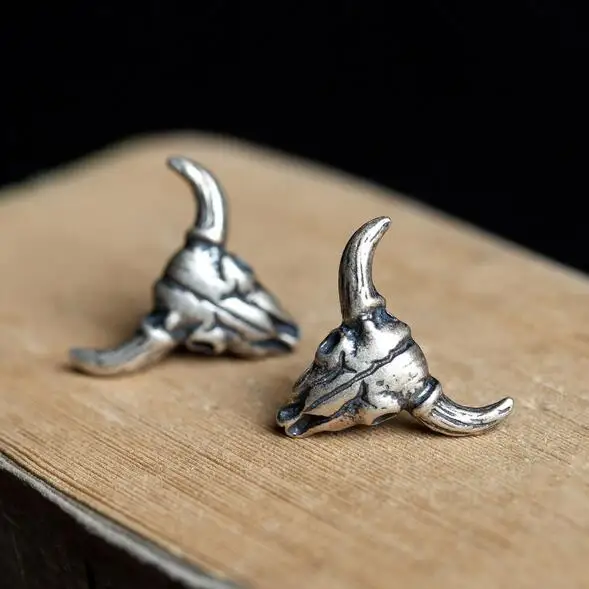Orecchini A Bottone Con Teschio A Testa Di Capra In Vero Argento Sterling 925 Antichi Unici Animali Gioielli Vintage Allery Free
