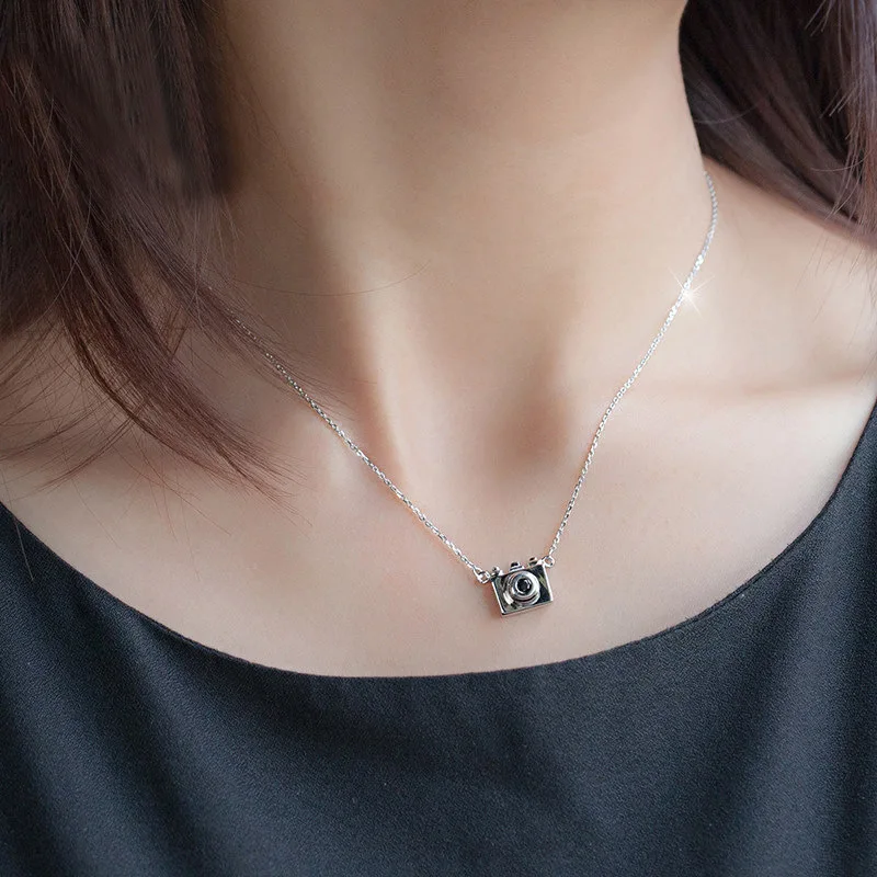 

Silver 925 Sterling Camera Necklaces & Pendants Black Cubic Zircon Crystal With Chain Choker Necklace Jewelry Collar