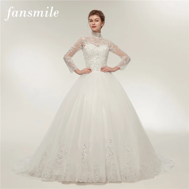 fansmile foto real sencillo vintage vestido de novia de encaje manga