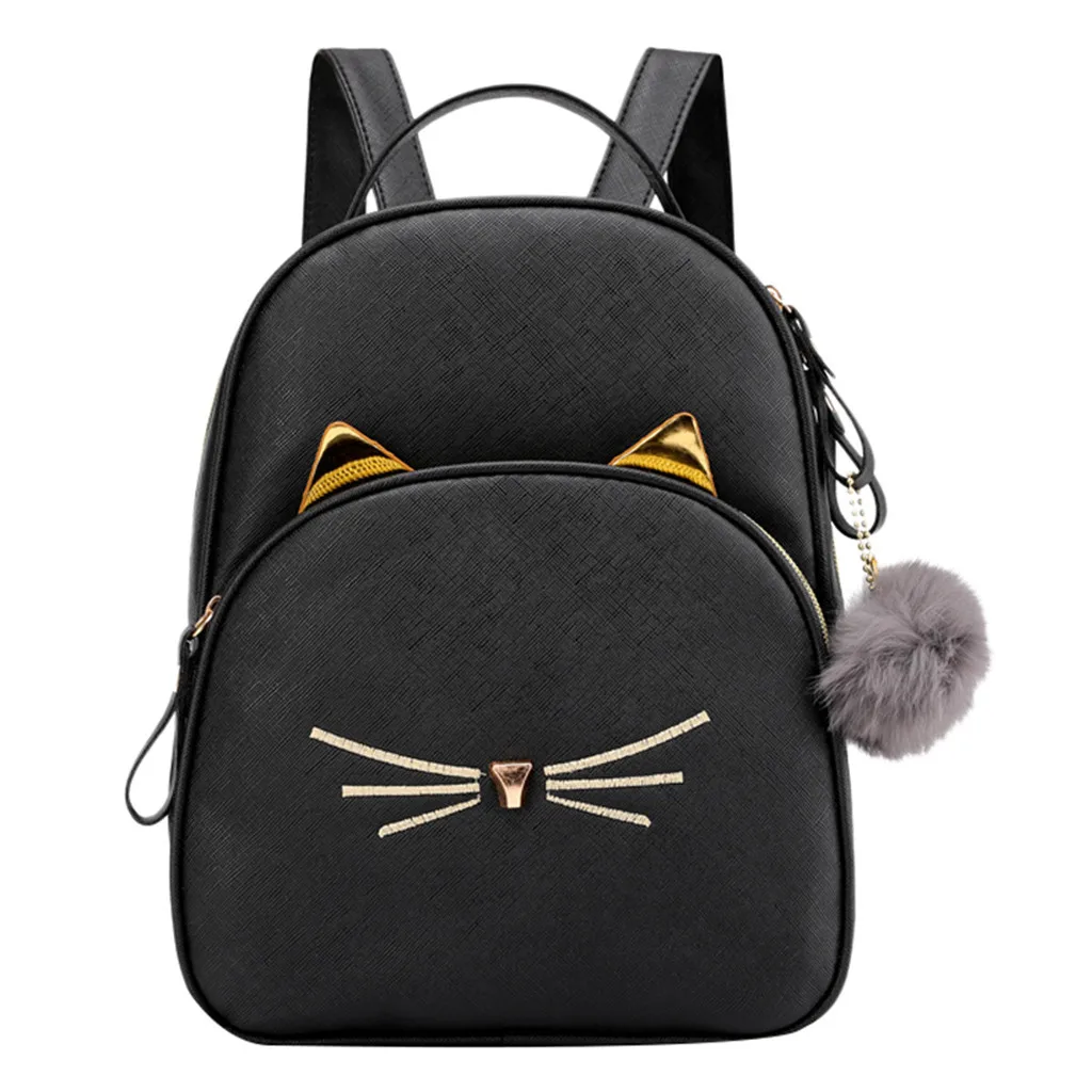 Школьный рюкзак с кошкой, женский рюкзак из искусственной кожи, женский рюкзак с милыми ушками и меховым помпоном, маленькая дорожная сумка для девочек, Sac A Dos