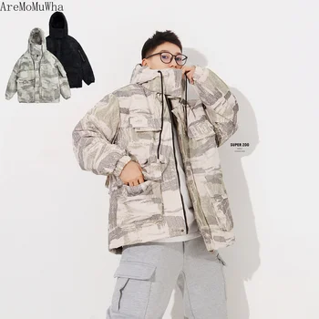 

AreMoMuWha Autumn and Winter New Texture Cotton Padded Warm Hooded Jacket Men's Cotton Coat Men and Women Hip Hop Cotton Coat