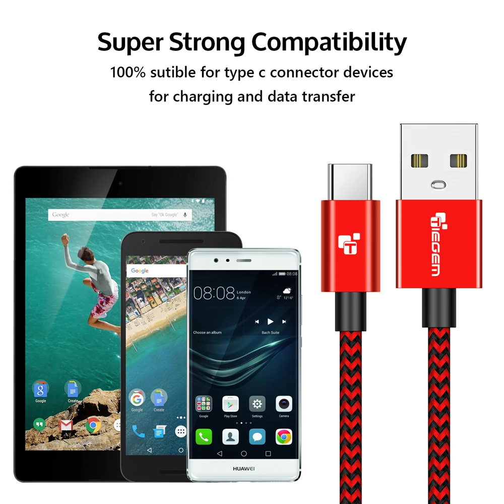 Кабель TIEGEM USB Type C 3 1 нейлоновый кабель для передачи данных быстрой зарядки