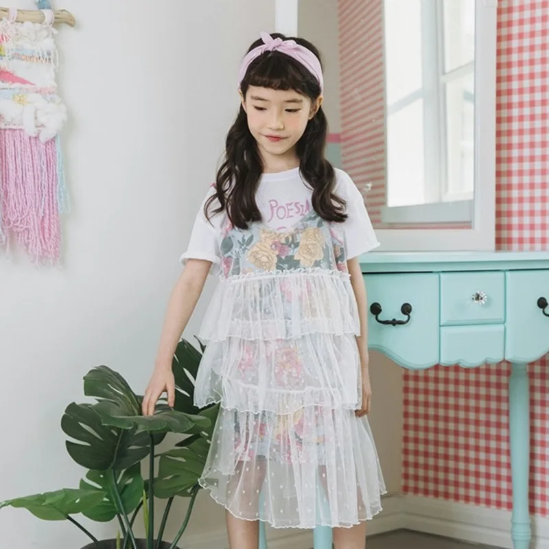 

New Arrived Fashion Desigers Kids Dresses For Girls Lace Suspender + Floral Shirt Dress Princess Pleated Dress Elegant Elbise