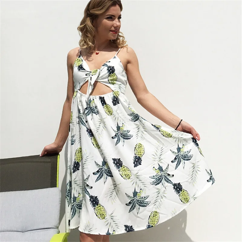

Strap V-Neck Lace Up Hollow Out Print Casual Beach Dress Women Summer Dress 2019 High Waist Sleeveless Sexy Dress Ladies Dresses