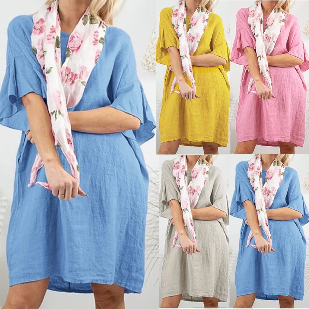 

Fashsiualy 2019 Women Summer Cotton and Linen Short Flare Sleeve Round Neck Loose Casual Beach Party Dress