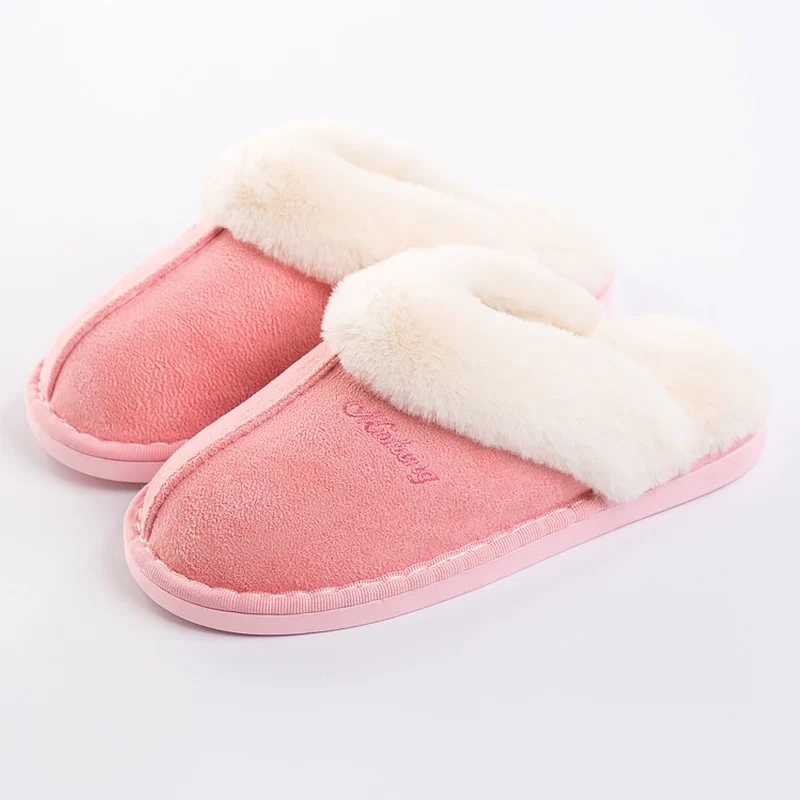 Pinkhalf Женские тапочки зимние, большие размеры 43-46, меховые шлепанцы, прошитая обувь на плоской подошве для девочек, плюшевая замша, сохраняющая тепло, розовая повседневная обувь - Цвет: Pinkhalf