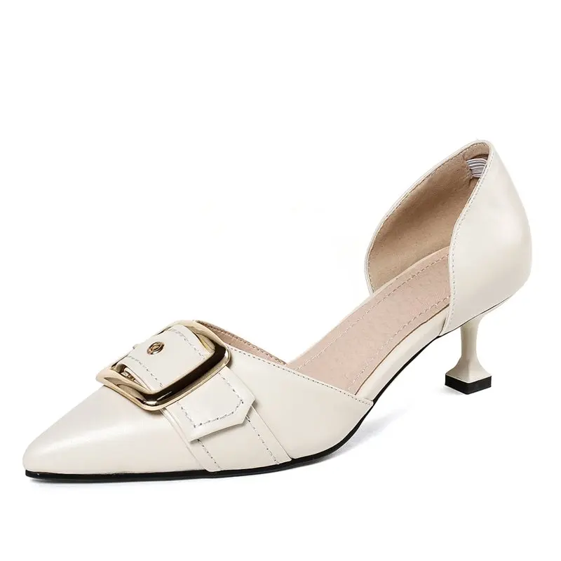 

ALLBITEFO fashion sexy full genuine leather pointed toe thin heel women pumps metal charm girls high heel shoes high heels
