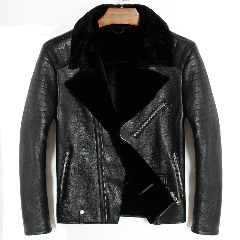 

Free shipping.Mens plus size genuine leather jacket.motor biker sheep fur coat,winter warm 100% sheepskin jackets.soft shearling