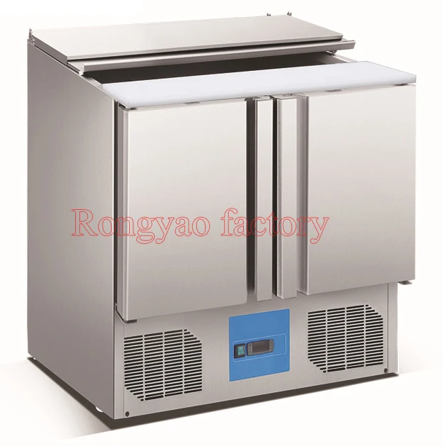 US 2 Door 4 Tank Salad Refrigerator Display Fresh Keeping Storage Stainless Steel Commercial Kitchen Fruit Cabinet Work Bench In Freezers